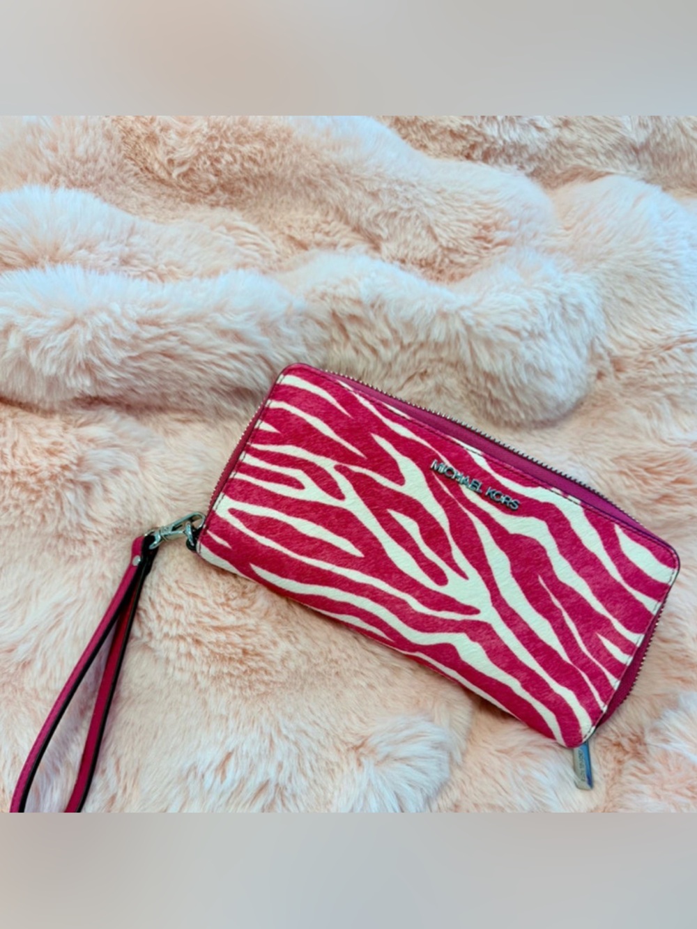 Michael Kors Hot Pink and Cream Zebra Wristlet Wallet